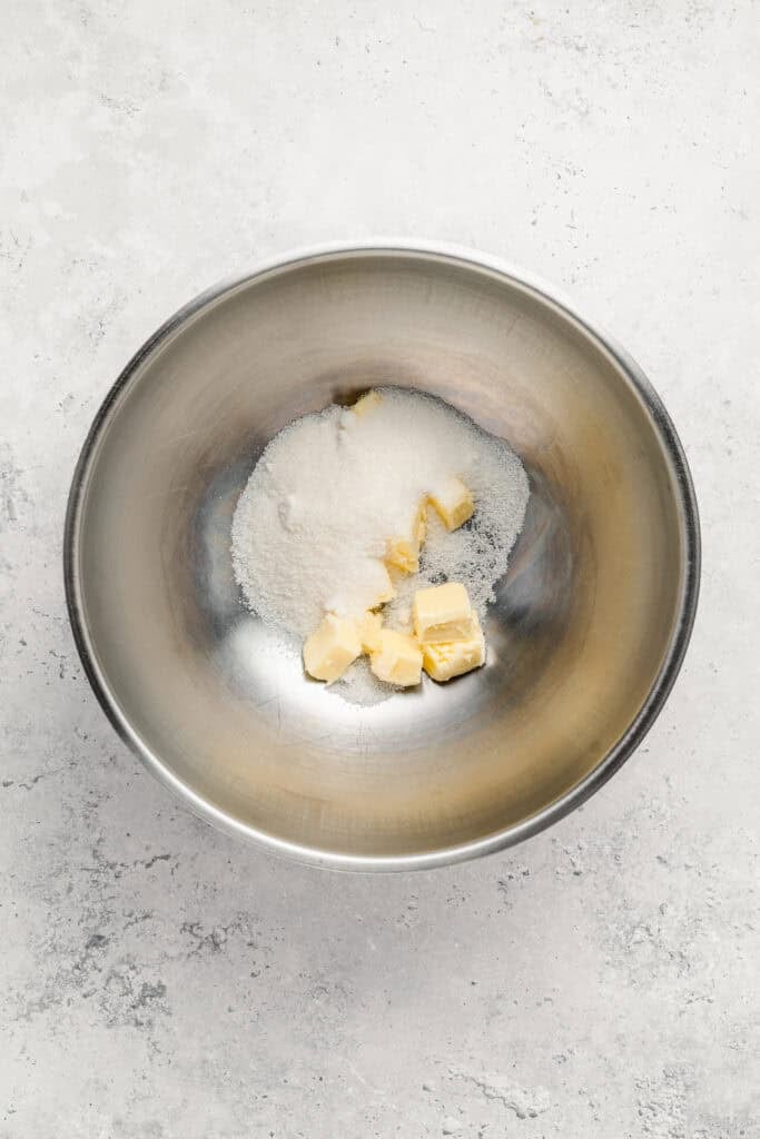 Butter and sugar in a mixing bowl for Melon Pan cookie topping