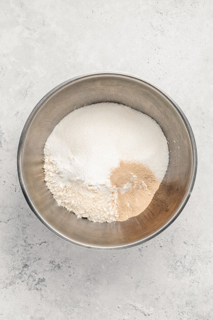 Dry ingredients in a mixing bowl for Melon Pan bread dough