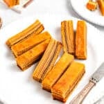 Lapis legit Indonesian thousand layer cake sliced into fingers showing striped layers