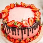 Chocolate strawberry cake with strawberry buttercream and ganache drip