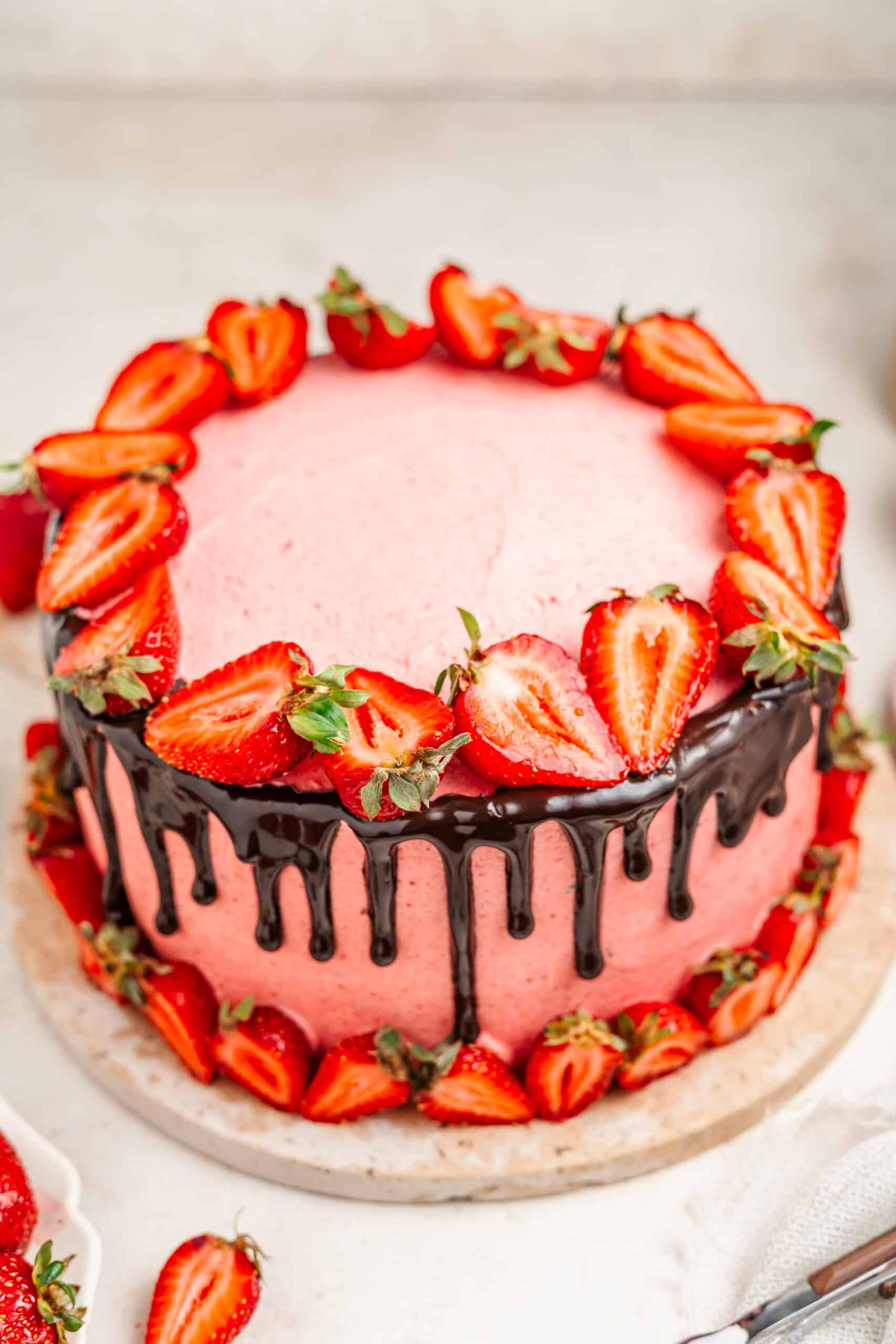 Chocolate Strawberry Cake - Catherine Zhang Chocolate strawberry cake with strawberry buttercream and a ganache drip