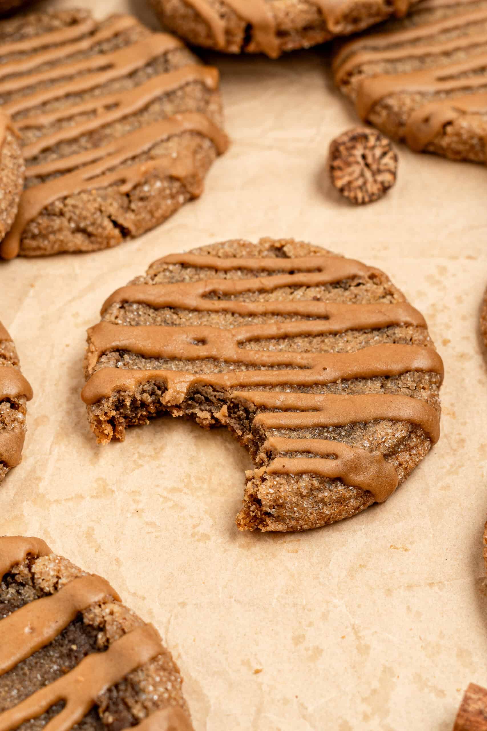 Gingerbread latte cookie broken open showing a chewy centre - Catherine Zhang Gingerbread latte cookie broken open showing a chewy centre