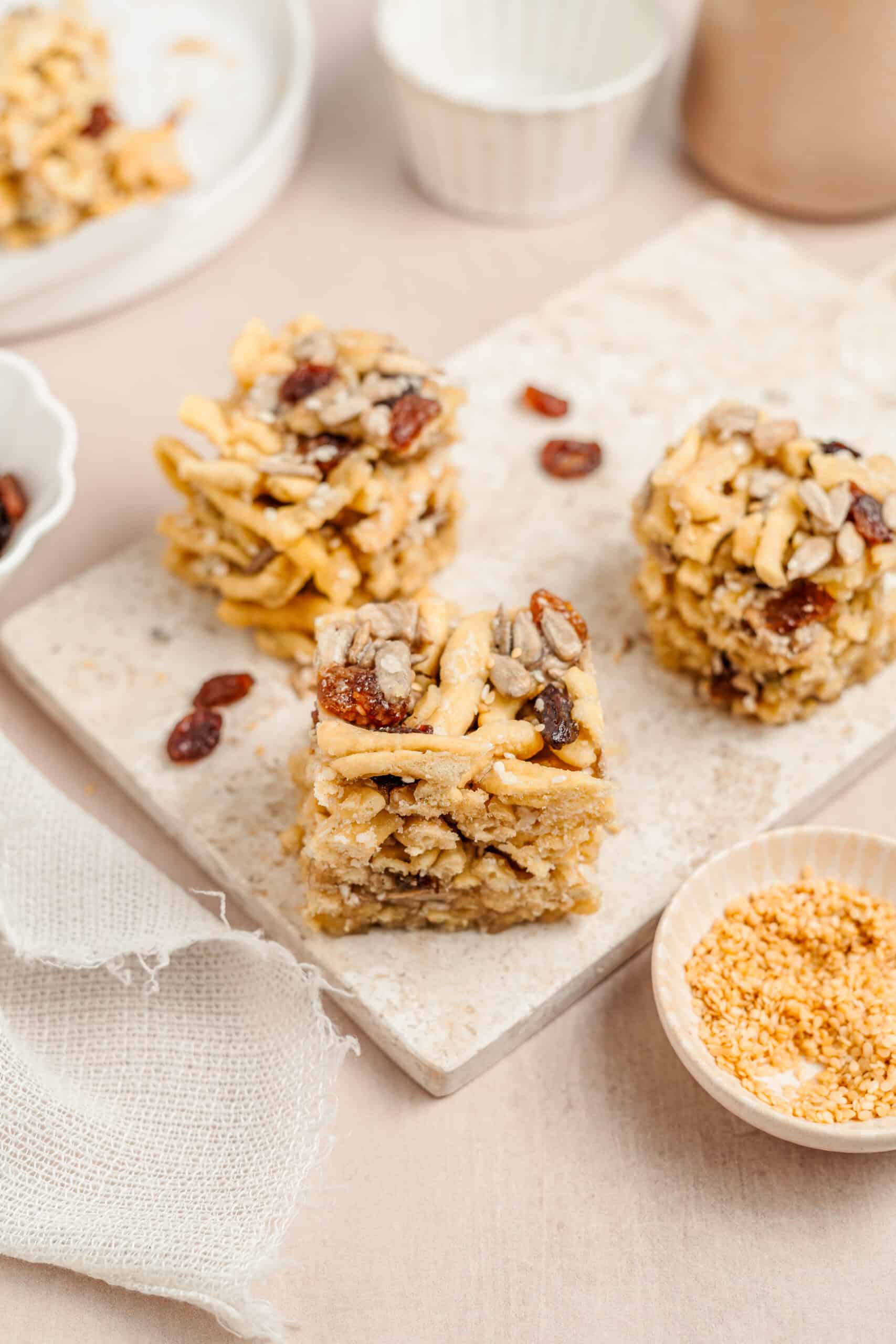 Sachima Bars Styled - Catherine Zhang Sachima bars styled on a board with linen and bowls