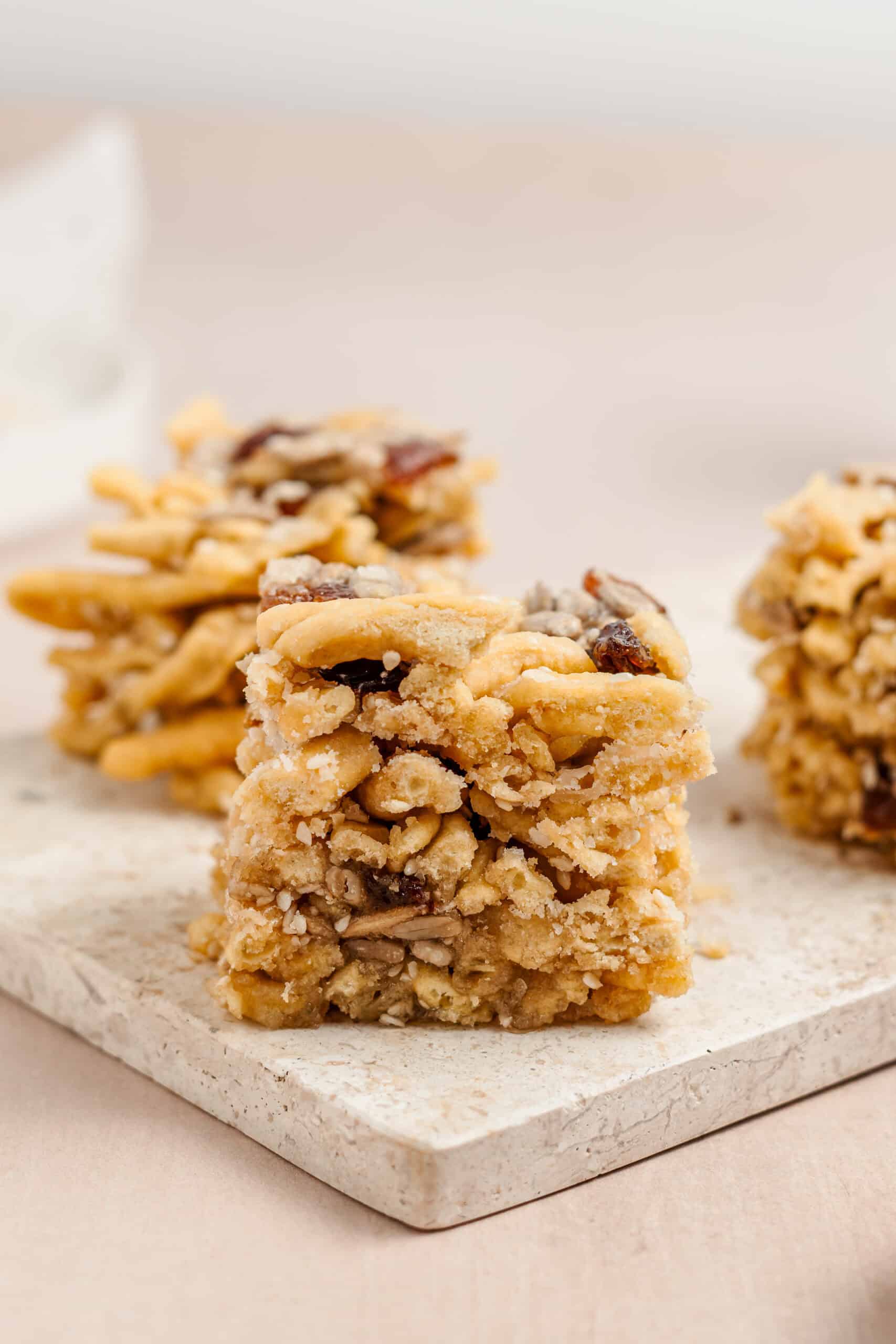 Sachima Cross Section - Catherine Zhang Stacked sachima bars showing the fried noodle cross section and syrup shine