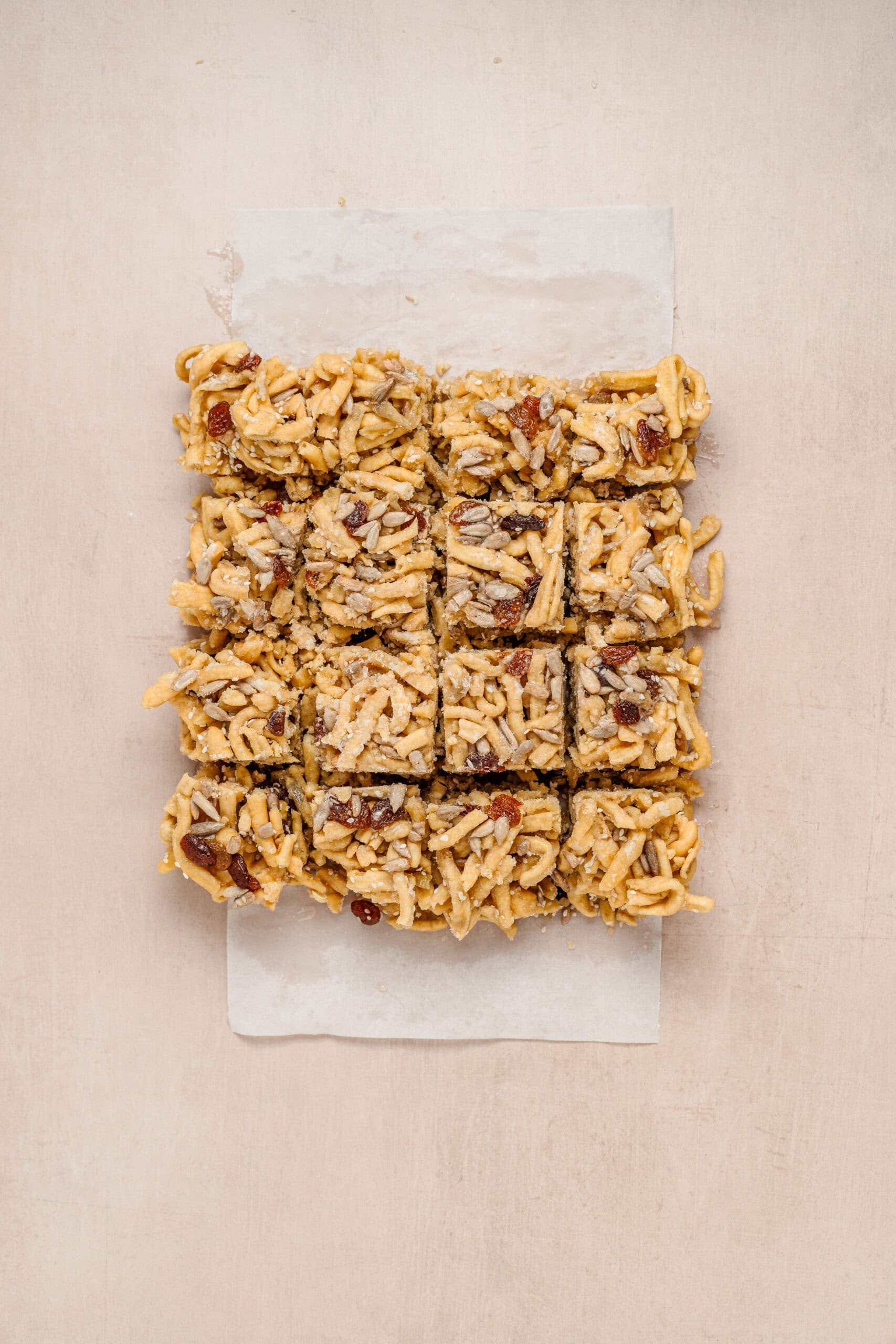 Sliced Sachima Bars - Catherine Zhang Sachima slab sliced into a grid of sixteen bars