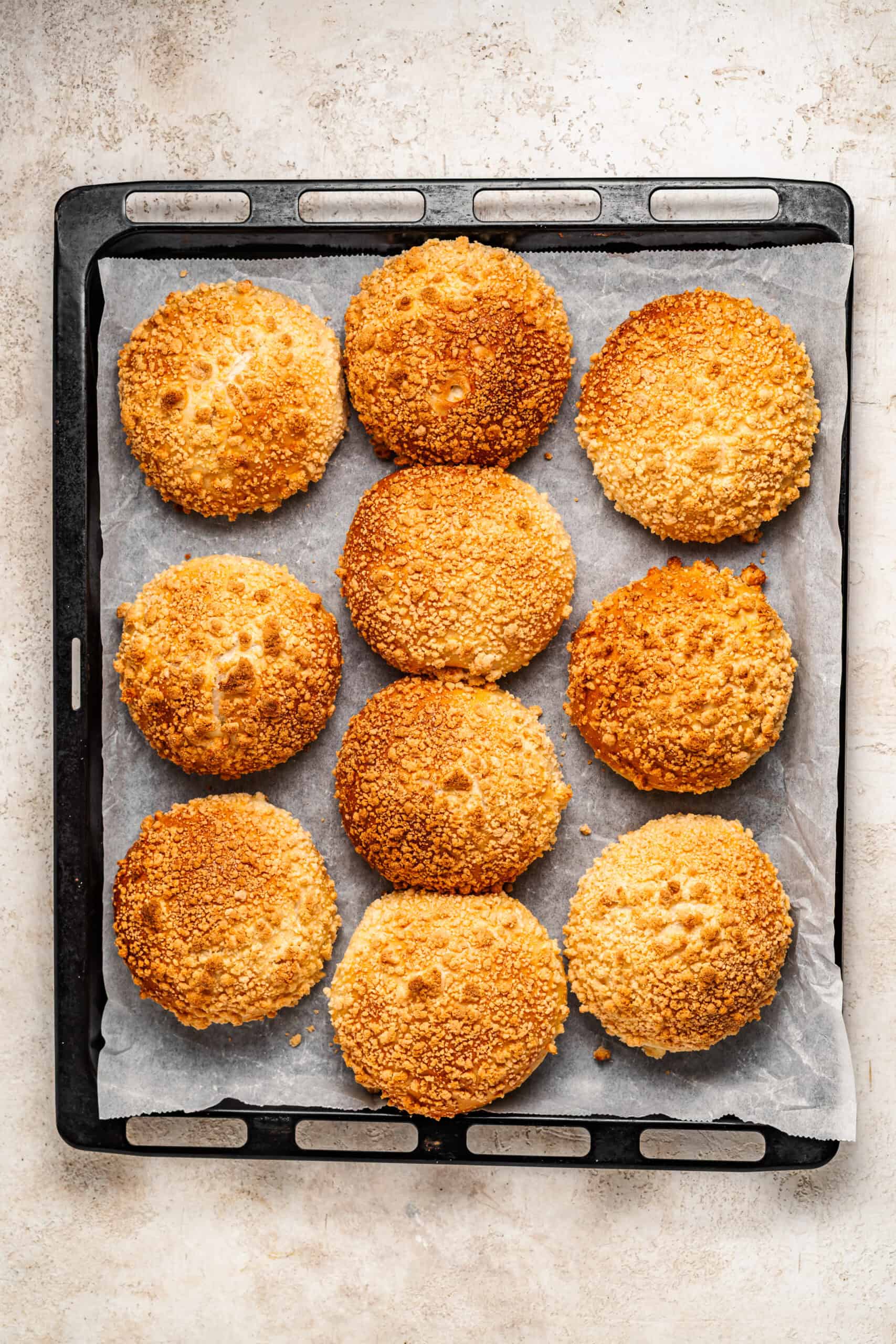 Golden baked soboro bread buns fresh from the oven - Catherine Zhang Golden baked soboro bread buns fresh from the oven