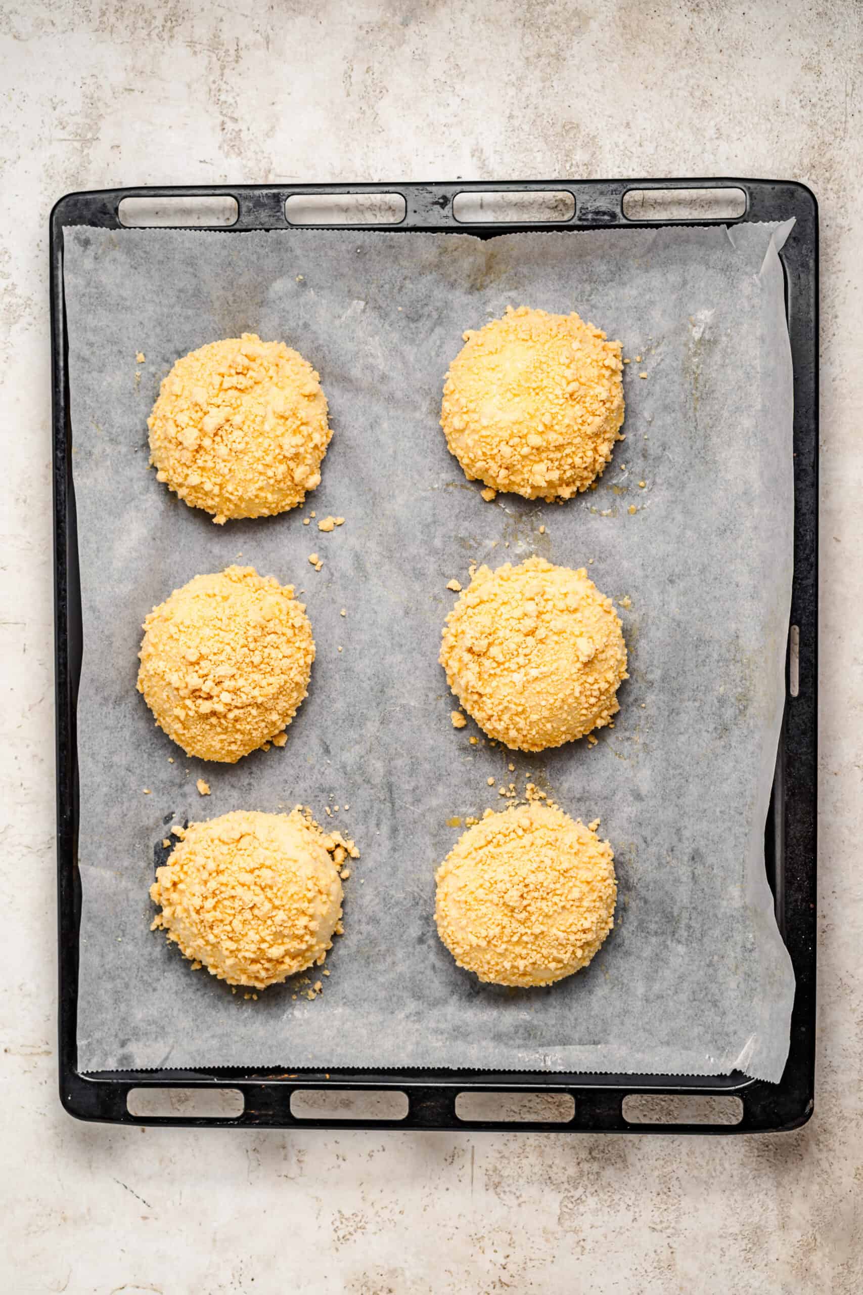 Soboro bread buns proofing on a tray before baking - Catherine Zhang Soboro bread buns proofing on a tray before baking