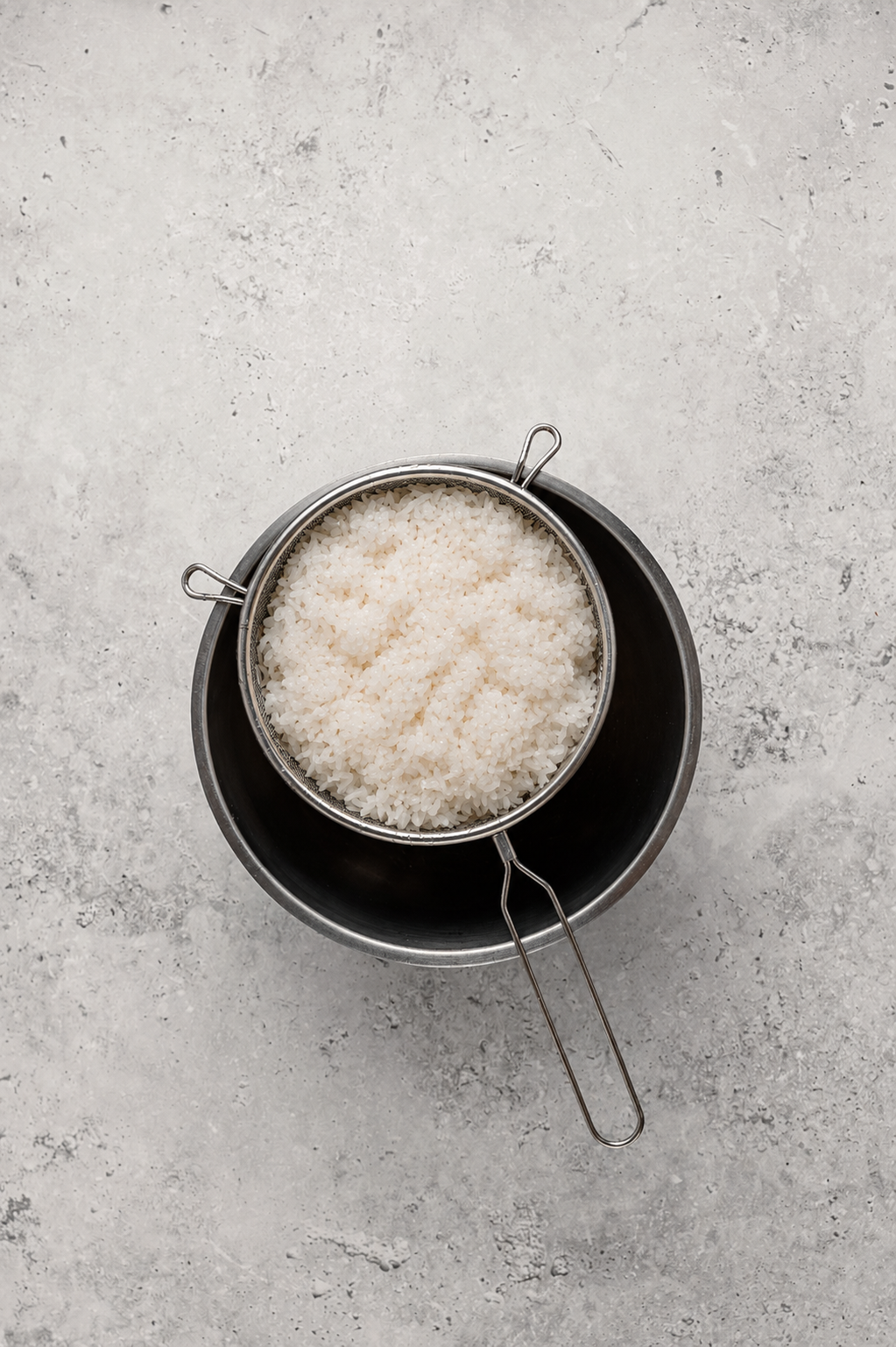 Rinsed glutinous rice draining in a sieve for Filipino biko - Catherine Zhang Rinsed glutinous rice draining in a sieve for Filipino biko