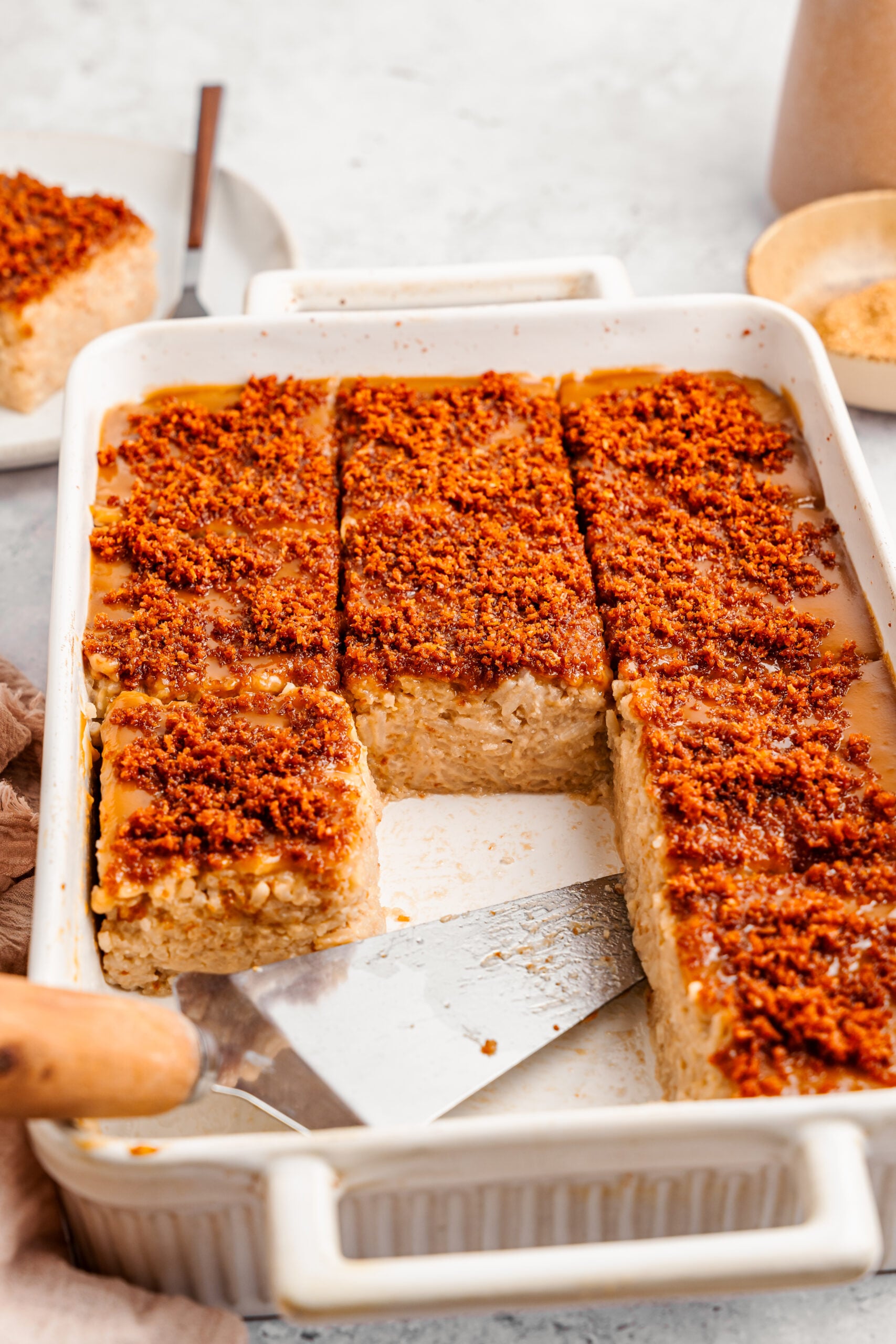 Angled view of a tray of Filipino biko cut into squares with latik on top - Catherine Zhang Angled view of a tray of Filipino biko cut into squares with latik on top