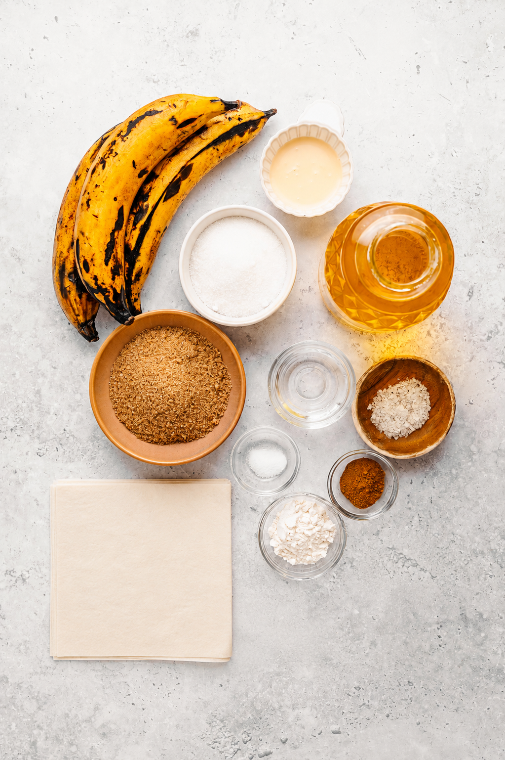 Crispy turon ingredients: ripe plantains, spring roll wrappers, brown sugar, cinnamon, oil and condensed milk - Catherine Zhang Crispy turon ingredients: ripe plantains, spring roll wrappers, brown sugar, cinnamon, oil and condensed milk