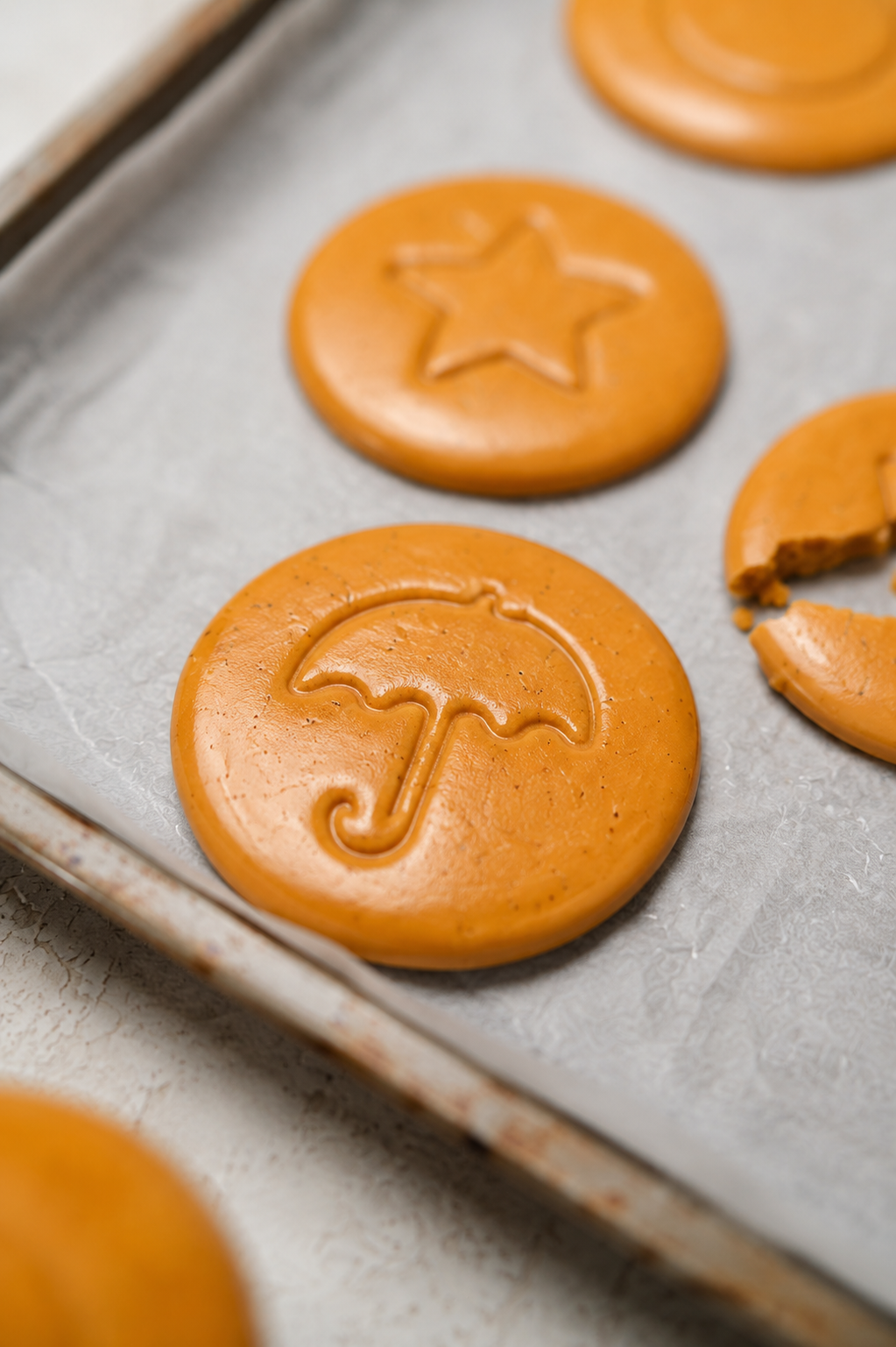 Dalgona candy discs with umbrella and star stamps on a baking tray - Catherine Zhang Dalgona candy discs with umbrella and star stamps on a baking tray