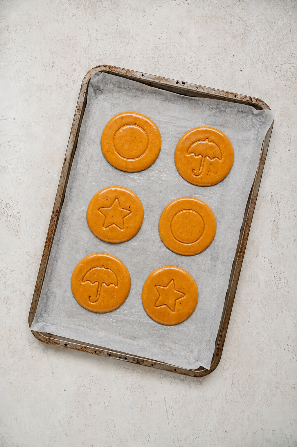 Finished dalgona candy discs stamped with circle, star and umbrella shapes - Catherine Zhang Finished dalgona candy discs stamped with circle, star and umbrella shapes