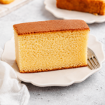 Thick slice of Japanese castella cake standing upright on a white plate with a dark honey crust on top
