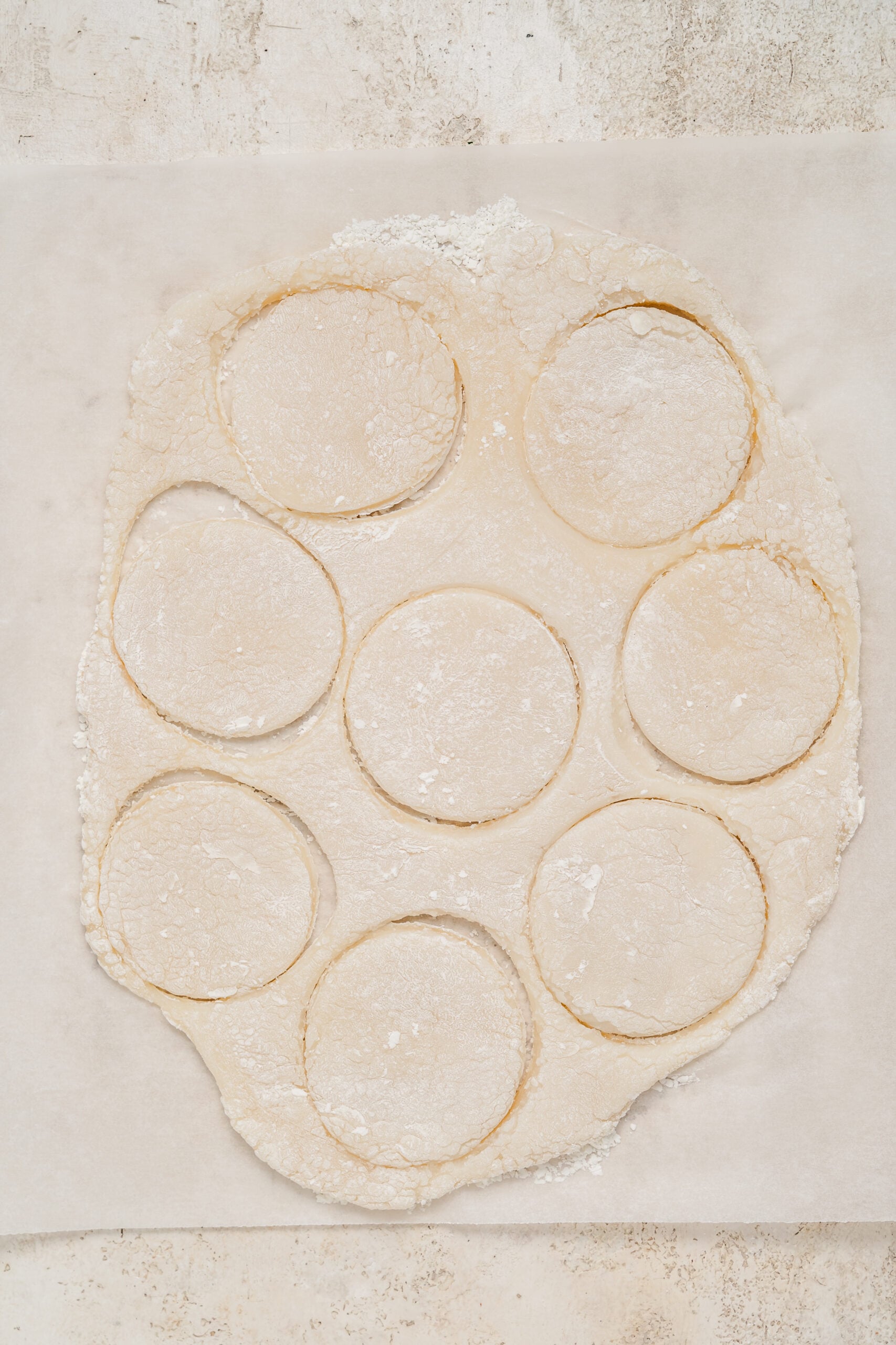 Rounds of mochi dough cut out ready for filling - Catherine Zhang Rounds of mochi dough cut out ready for filling