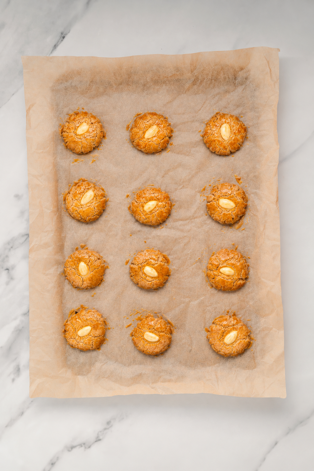 Chinese Almond Cookies - Catherine Zhang Baked Chinese almond cookies on the tray with golden crackled tops