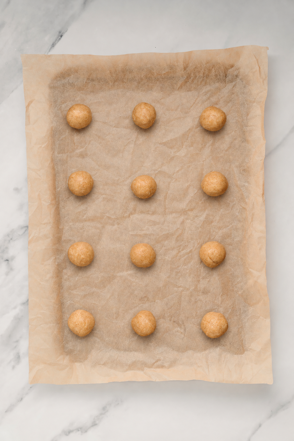 Chinese Almond Cookies - Catherine Zhang Chinese almond cookie dough rolled into balls on a lined baking tray