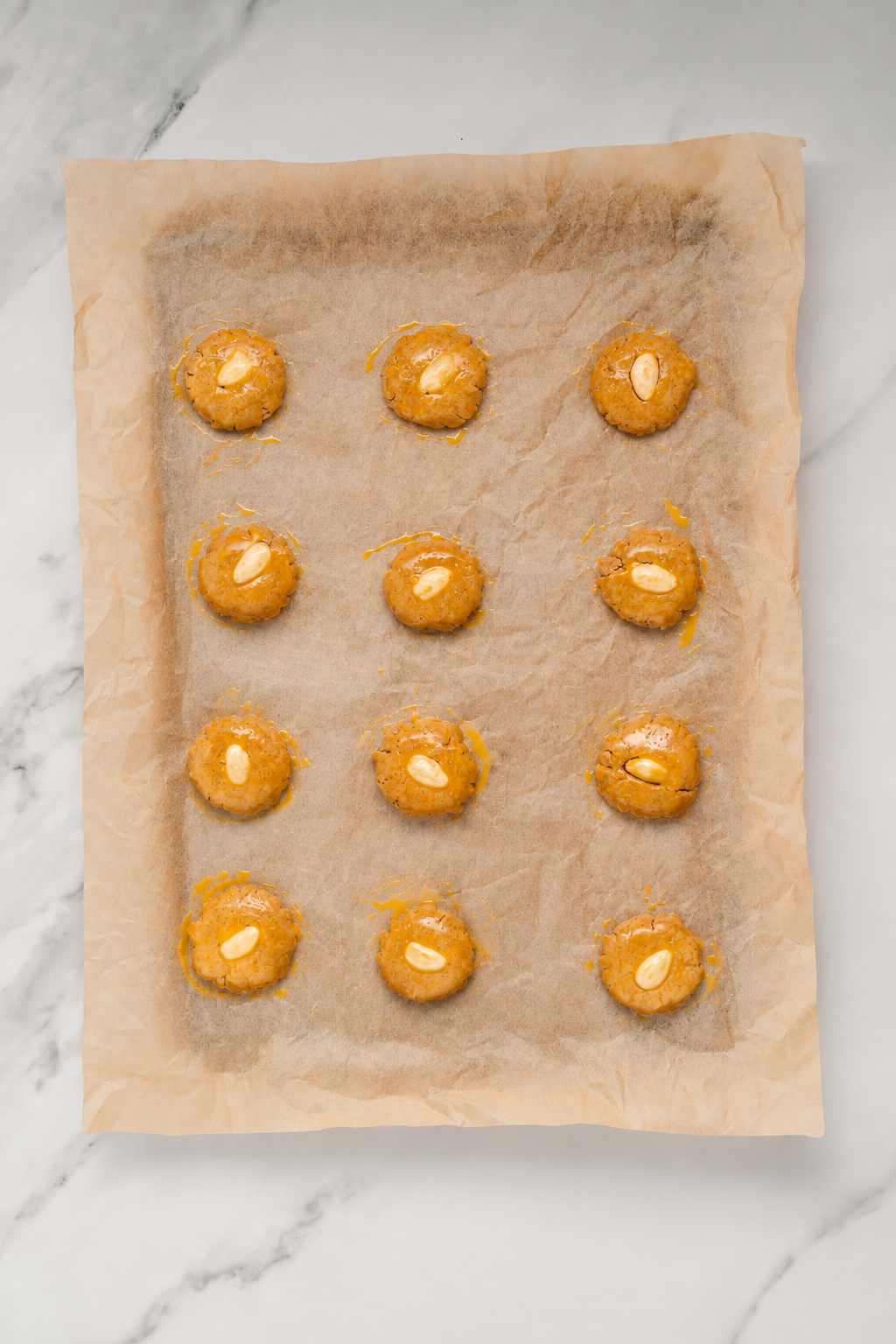 Chinese Almond Cookies - Catherine Zhang Chinese almond cookies brushed with egg yolk glaze before baking