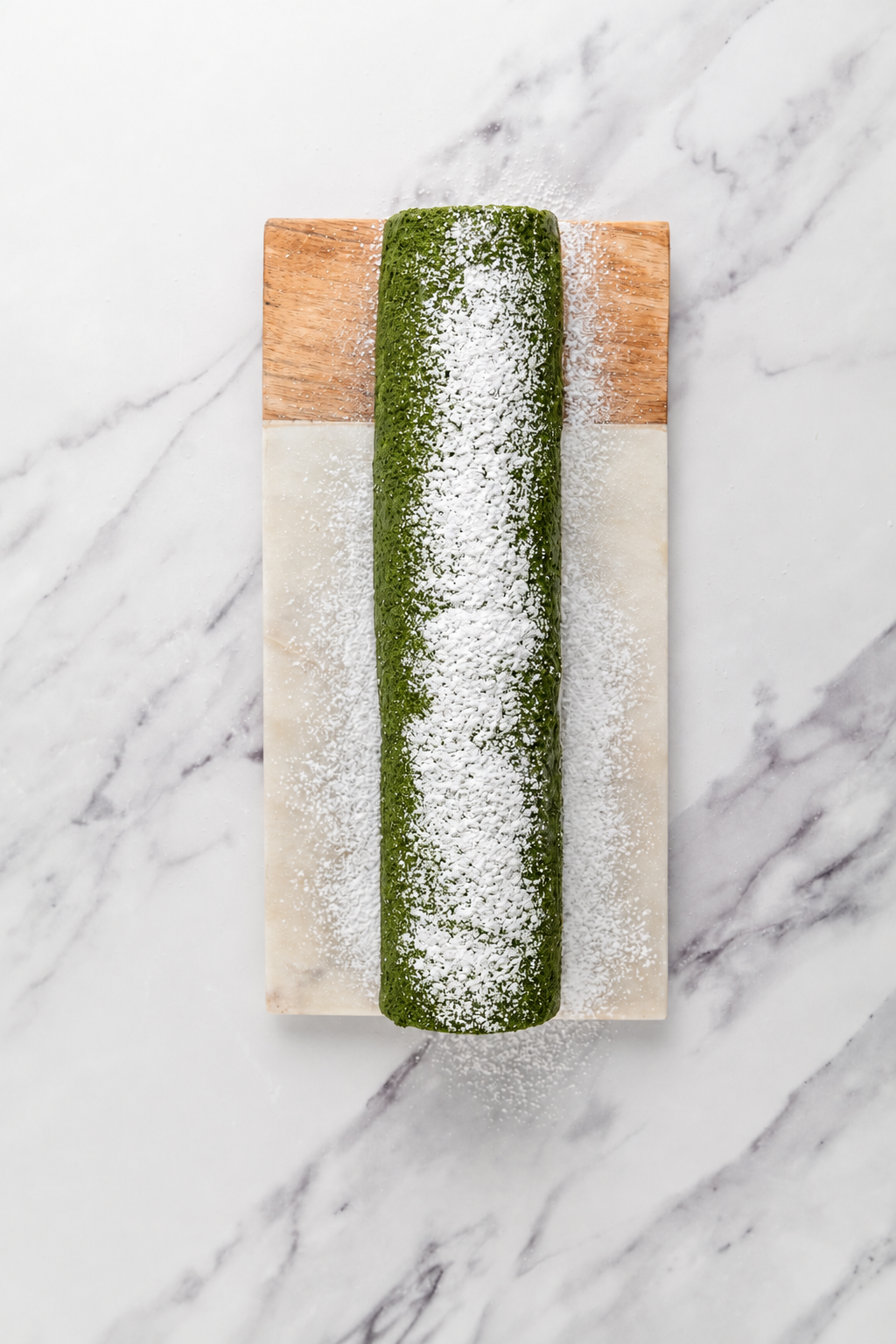 Dusted with icing sugar - Catherine Zhang Chilled matcha roll cake dusted with icing sugar on a board