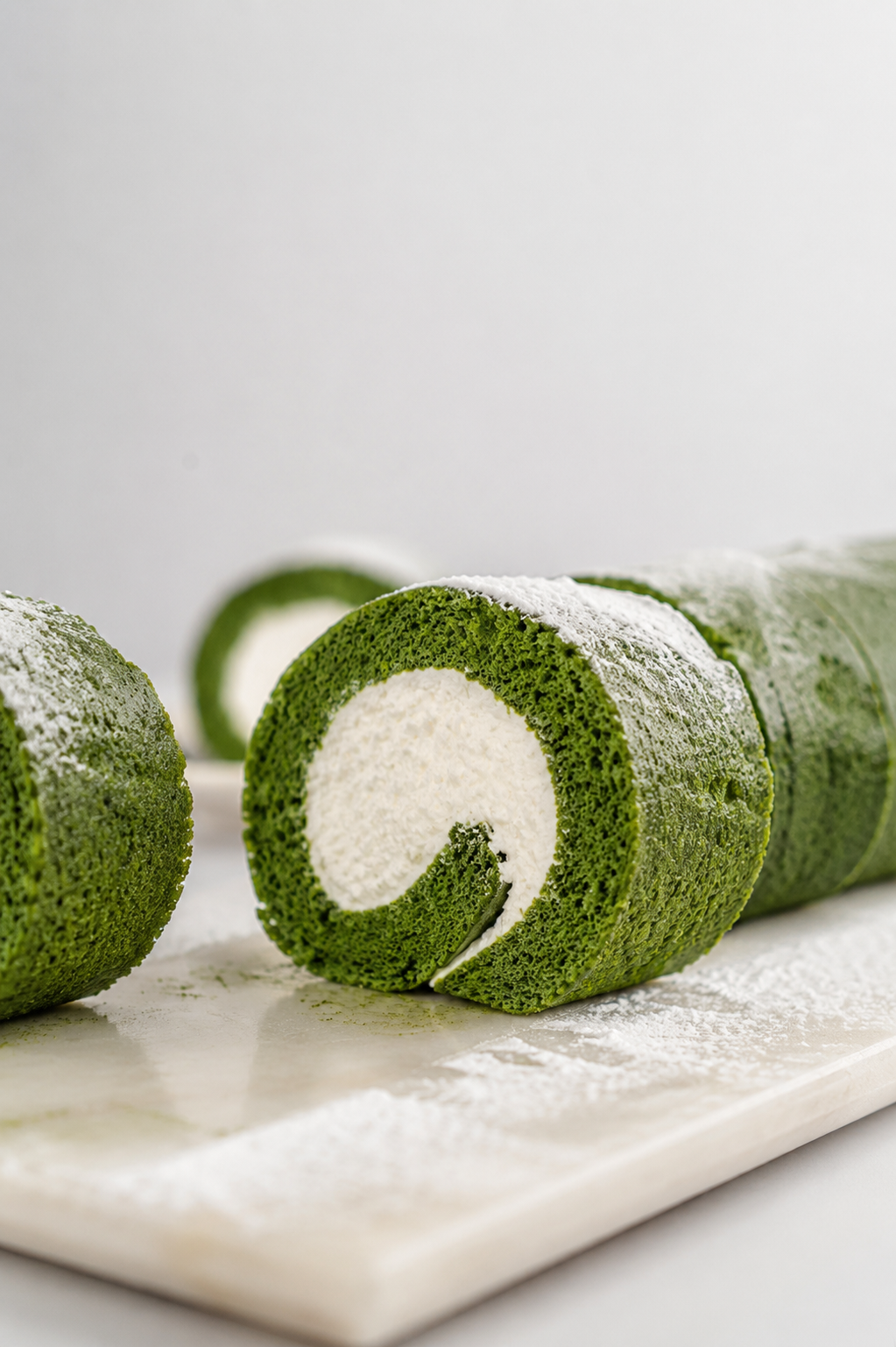 Matcha roll cake spiral - Catherine Zhang Cut matcha roll cake on a marble board showing the spiral of cream