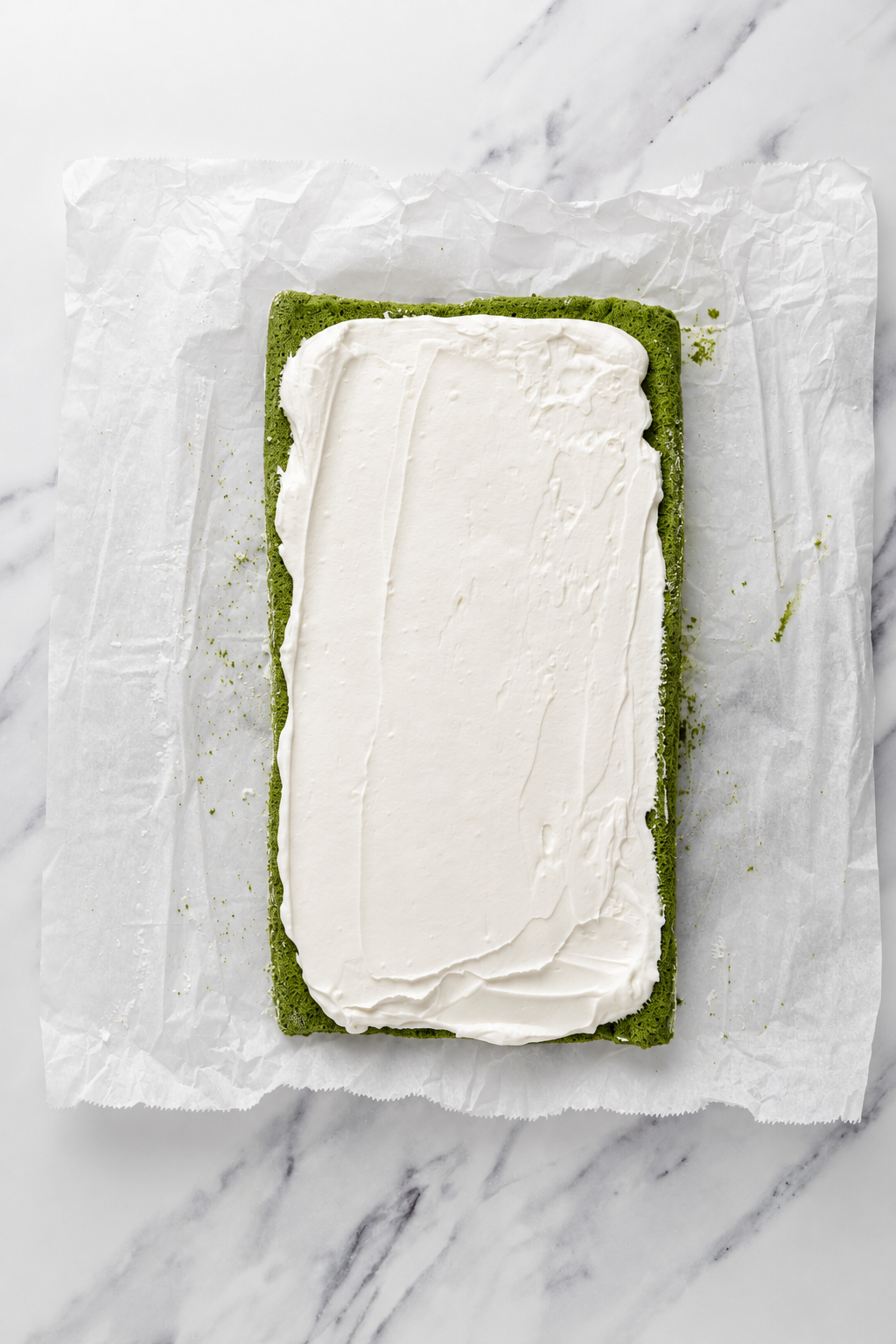 Spreading the cream - Catherine Zhang Whipped cream spread evenly over the unrolled matcha sponge